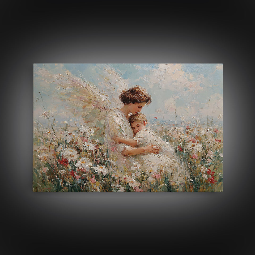 Sunlit Guardian Angel Embracing Child In Wildflower Meadow Canvas Print, Christian Wall Art, Motherhood Gift, Nursery Decor