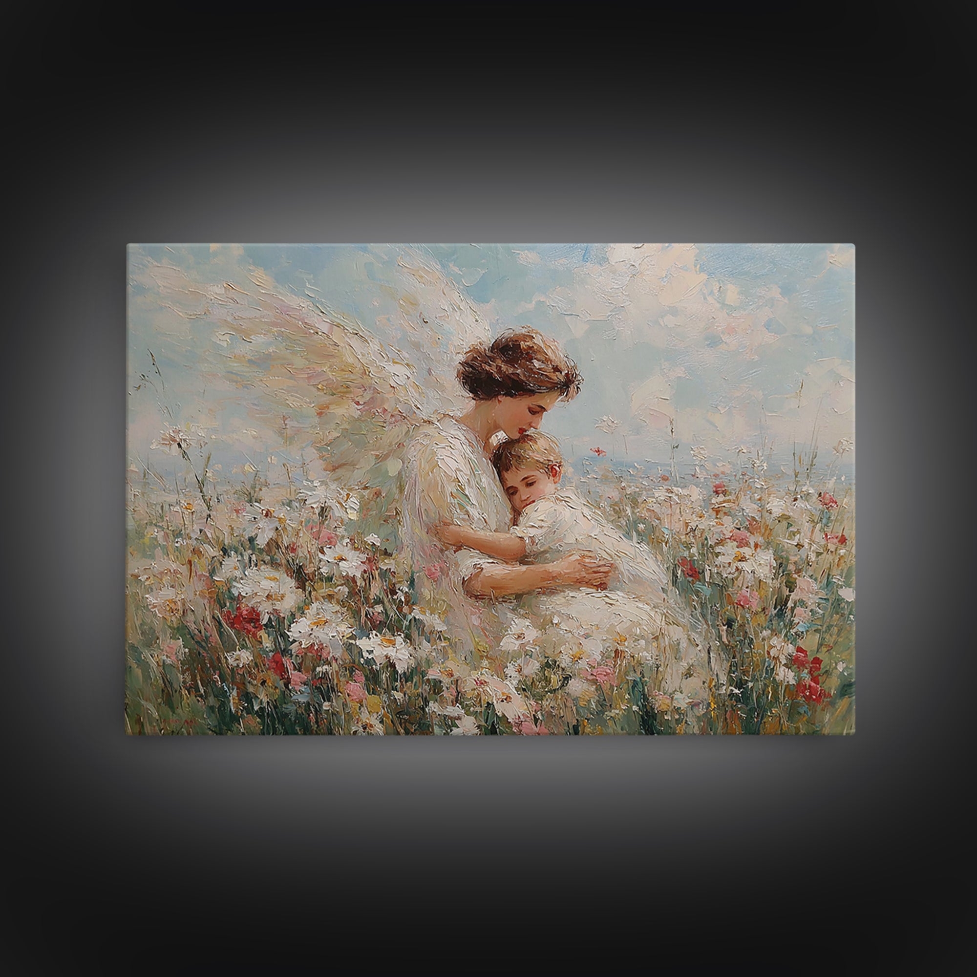 Sunlit Guardian Angel Embracing Child In Wildflower Meadow Canvas Print, Christian Wall Art, Motherhood Gift, Nursery Decor