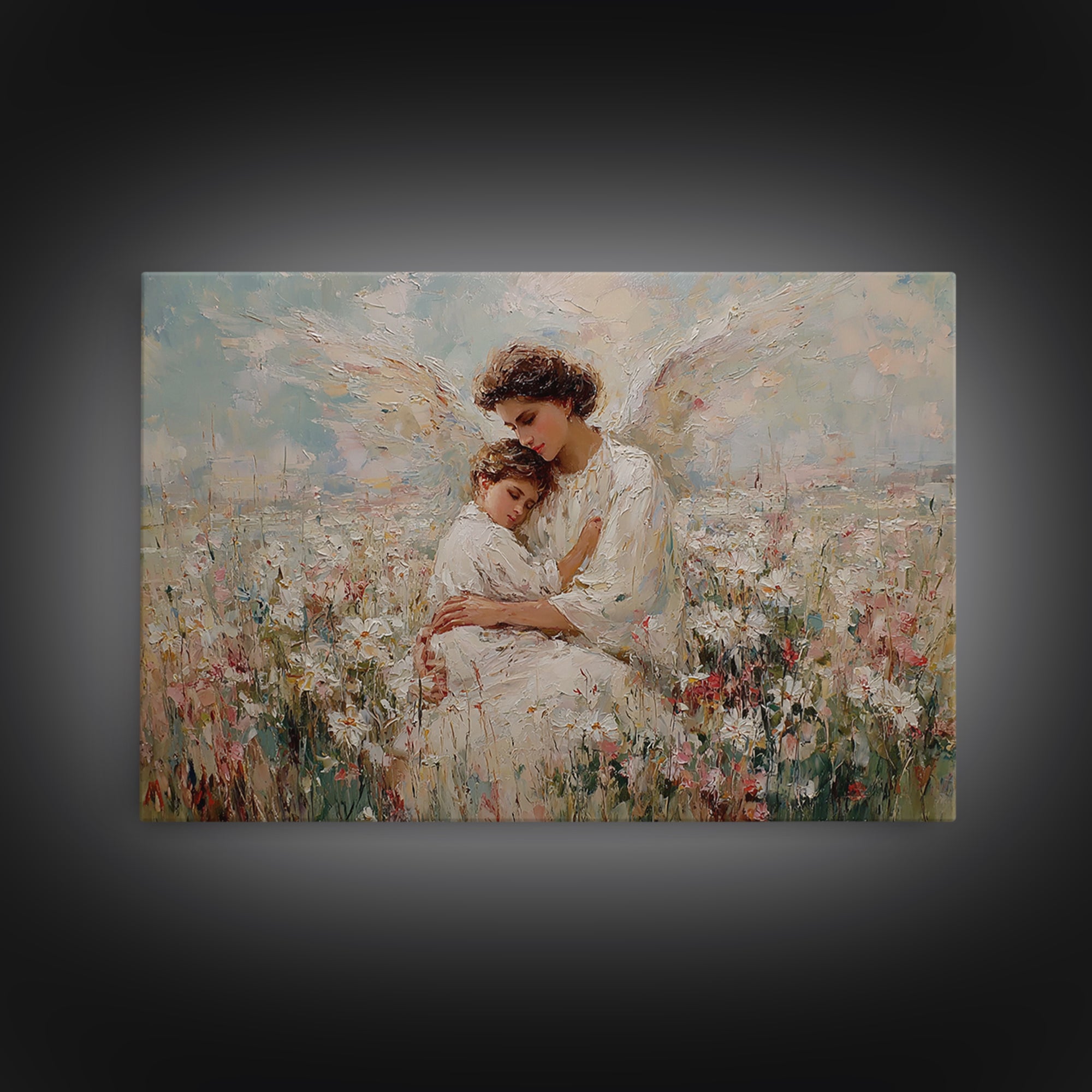 Pastel Guardian Angel Holding Child In Blooming Meadow Wall Art, Christian Nursery Decor, Motherhood Gift, Framed Art Print