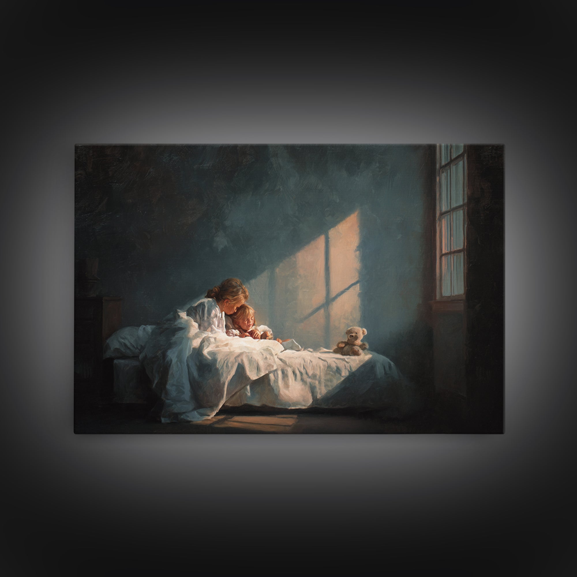 Bedtime Mother And Child In Moonlit Bedroom Framed Canvas Print, Nursery Wall Art, Cozy Home Decor, Mothers Day Gift, Bedroom Decor