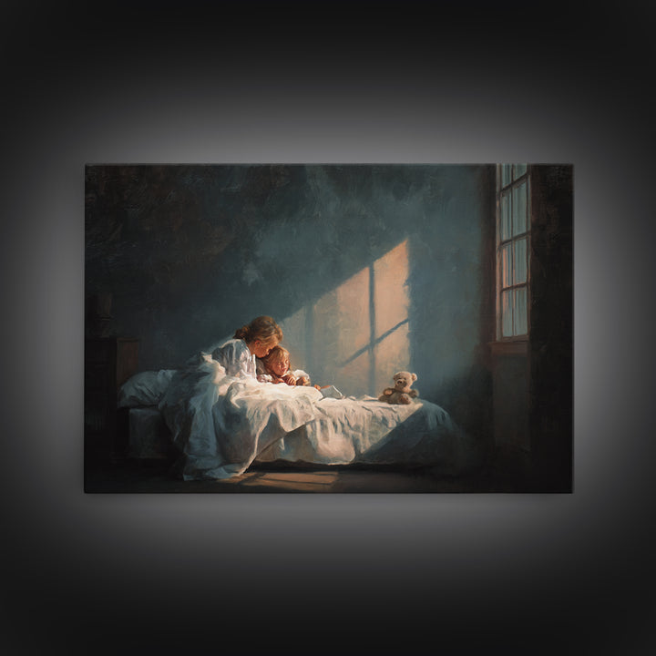 Bedtime Mother And Child In Moonlit Bedroom Framed Canvas Print, Nursery Wall Art, Cozy Home Decor, Mothers Day Gift, Bedroom Decor