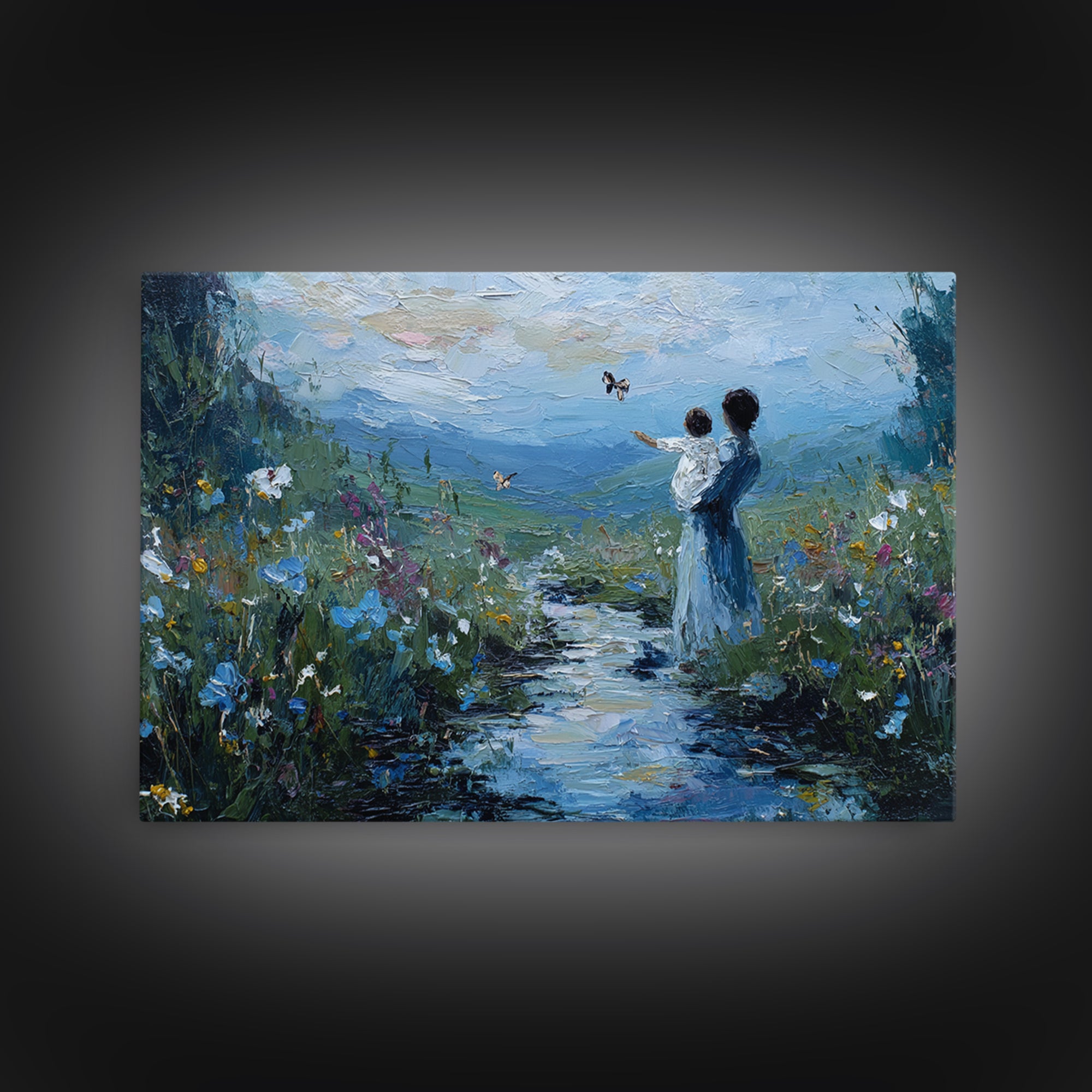Mother And Child Watching Butterflies By Mountain Stream Canvas Print, Nature Wall Art, Christian Nursery Decor, Housewarming Gift