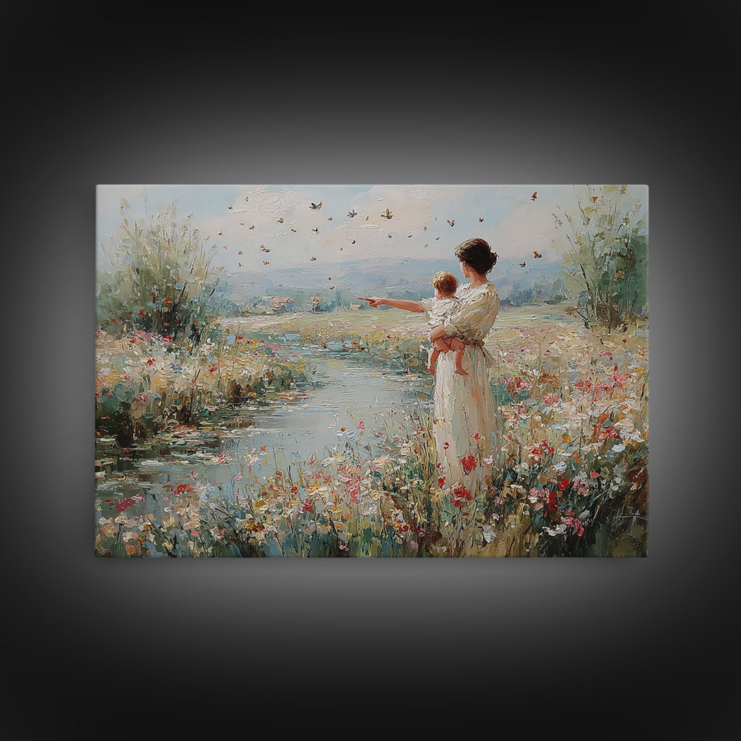 Mother And Baby Beside River Pointing At Butterflies Wall Art, Landscape Painting, Christian Nursery Decor, Gift For Mom