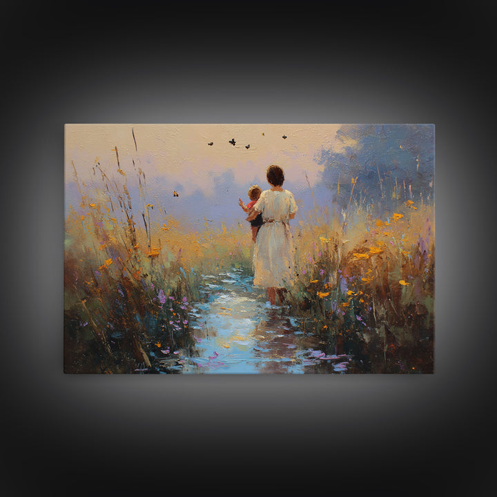 Mother And Child On Twilight Marsh Path Framed Canvas Print, Sunset Landscape Wall Art, Nursery Decor, Mothers Day Gift, Home Decor