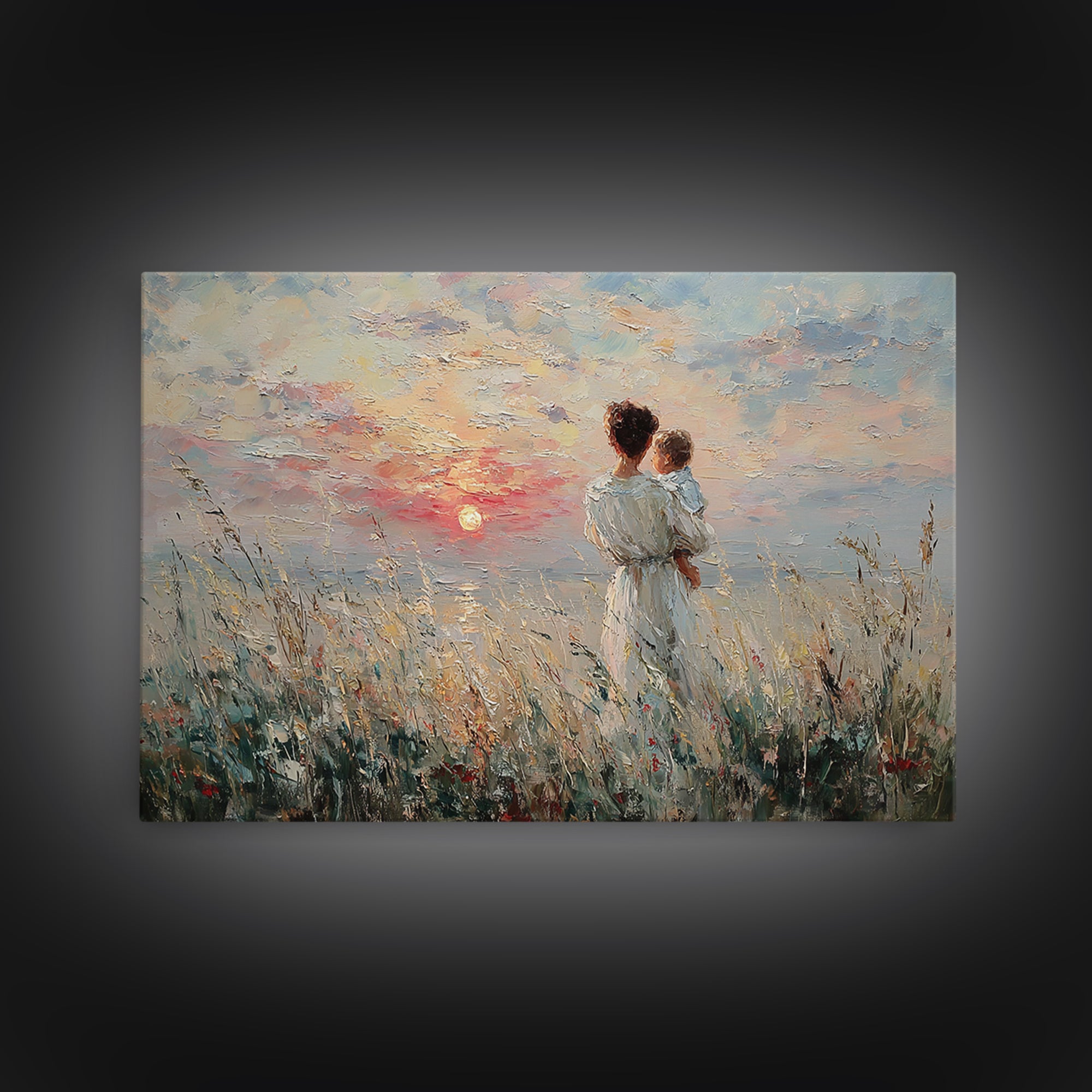 Mother And Baby Watching Ocean Sunset Canvas Print, Coastal Wall Art, Seascape Painting, Nursery Decor, Gift For Her, Bedroom Decor