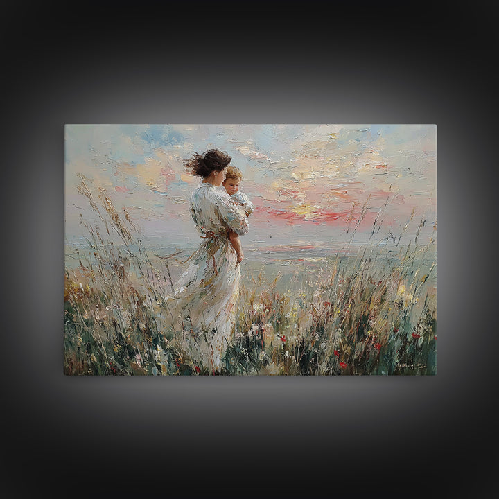 Mother And Child By Wildflower Coast Canvas Print, Impressionist Beach Wall Art, Mothers Day Gift, Nursery Decor, Living Room Decor