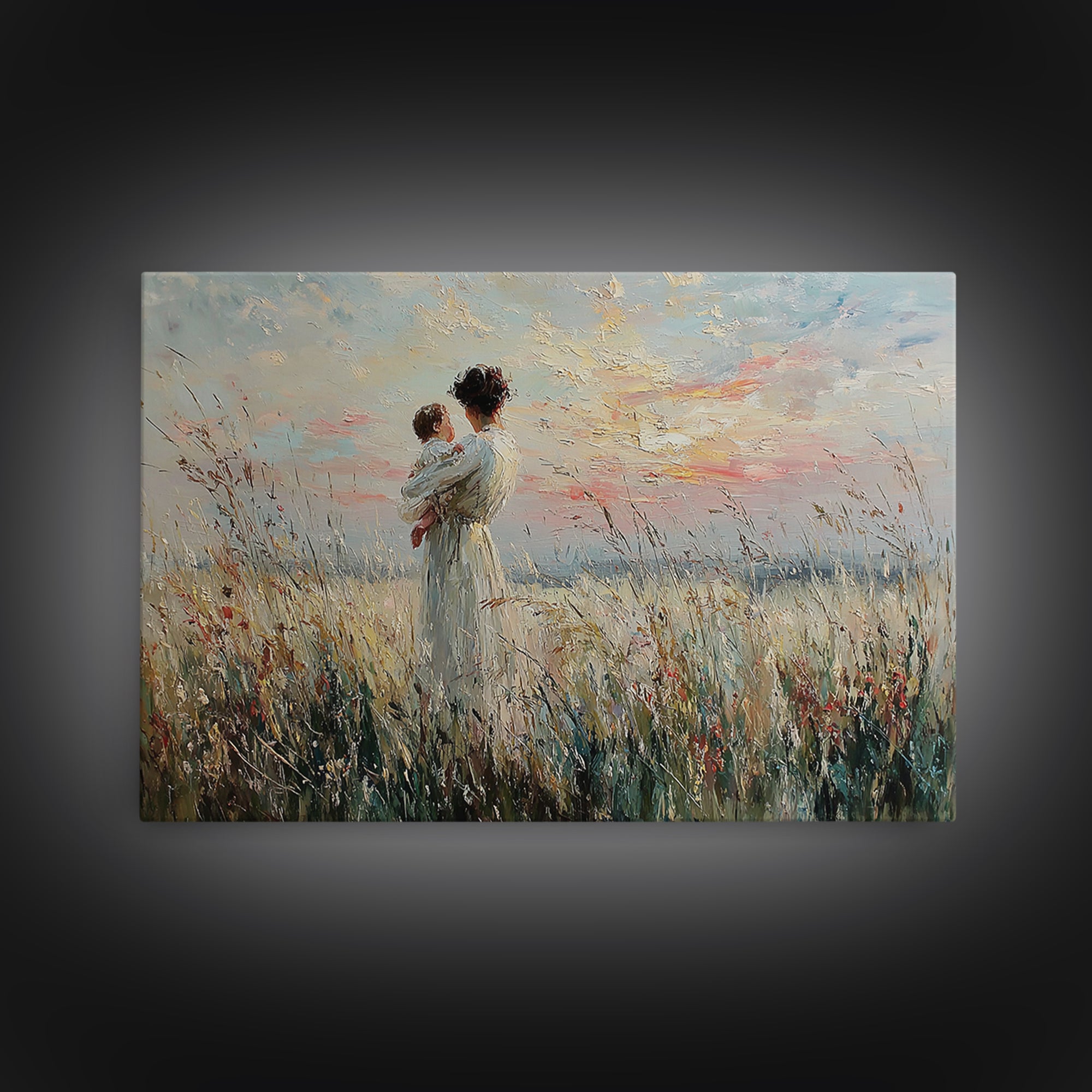 Mother Holding Baby In Wild Grass Framed Canvas Print, Coastal Wall Art, Impressionist Nursery Decor, Gift For Her, Home Decor