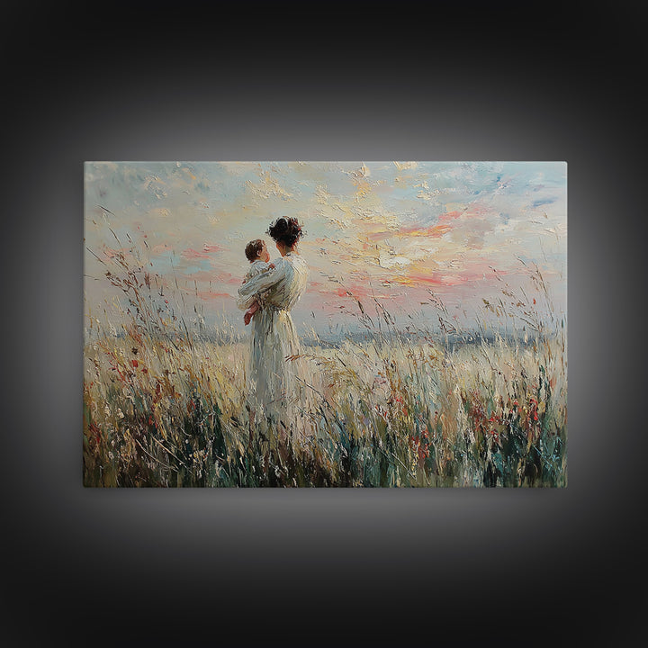 Mother Holding Baby In Wild Grass Framed Canvas Print, Coastal Wall Art, Impressionist Nursery Decor, Gift For Her, Home Decor