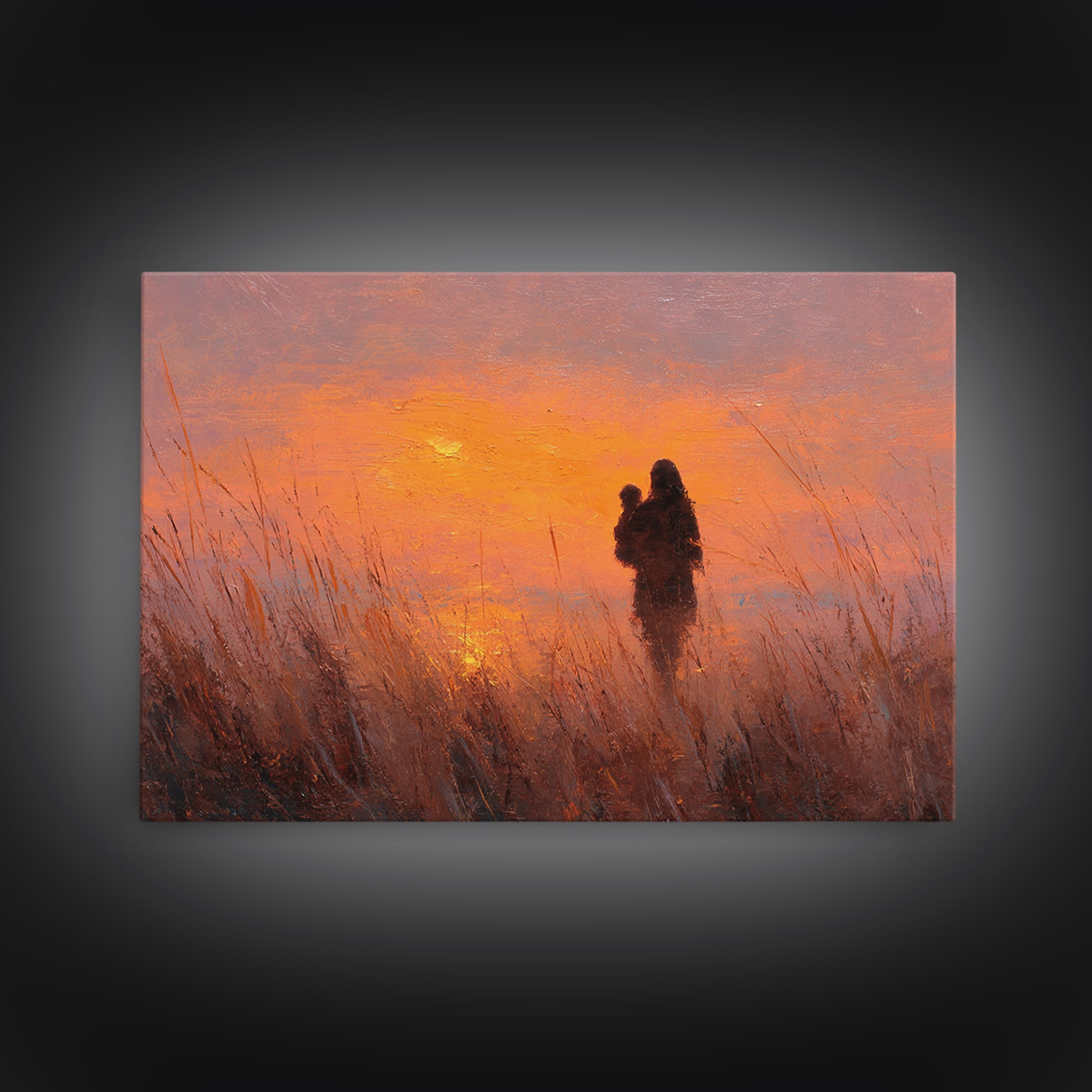 Mother And Baby Silhouette At Orange Sunset Wall Art, Warm Landscape Painting, Mothers Day Gift, Bedroom Decor, Boho Wall Decor