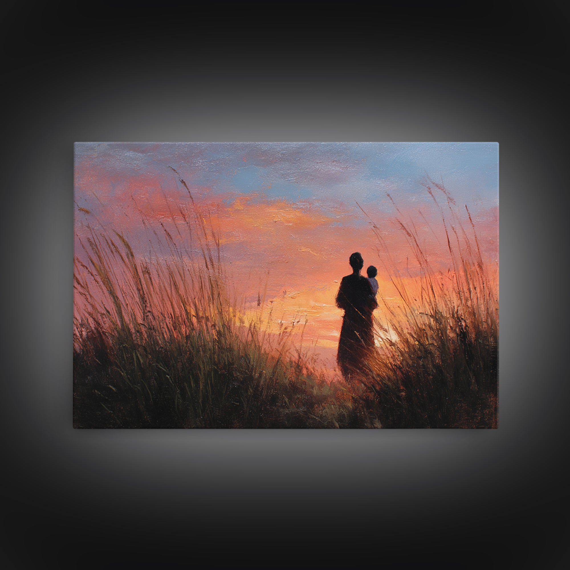 Mother And Baby Sunset Silhouette Framed Canvas Print, Moody Landscape Wall Art, Above Bed Decor, Gift For Her, Living Room Art