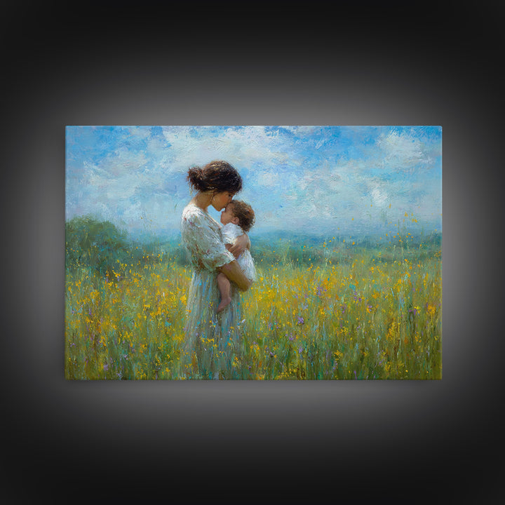 Tender Mother And Baby In Blue Meadow Wall Art, Impressionist Oil Painting, Nursery Decor, Mothers Day Gift, Fine Art Print