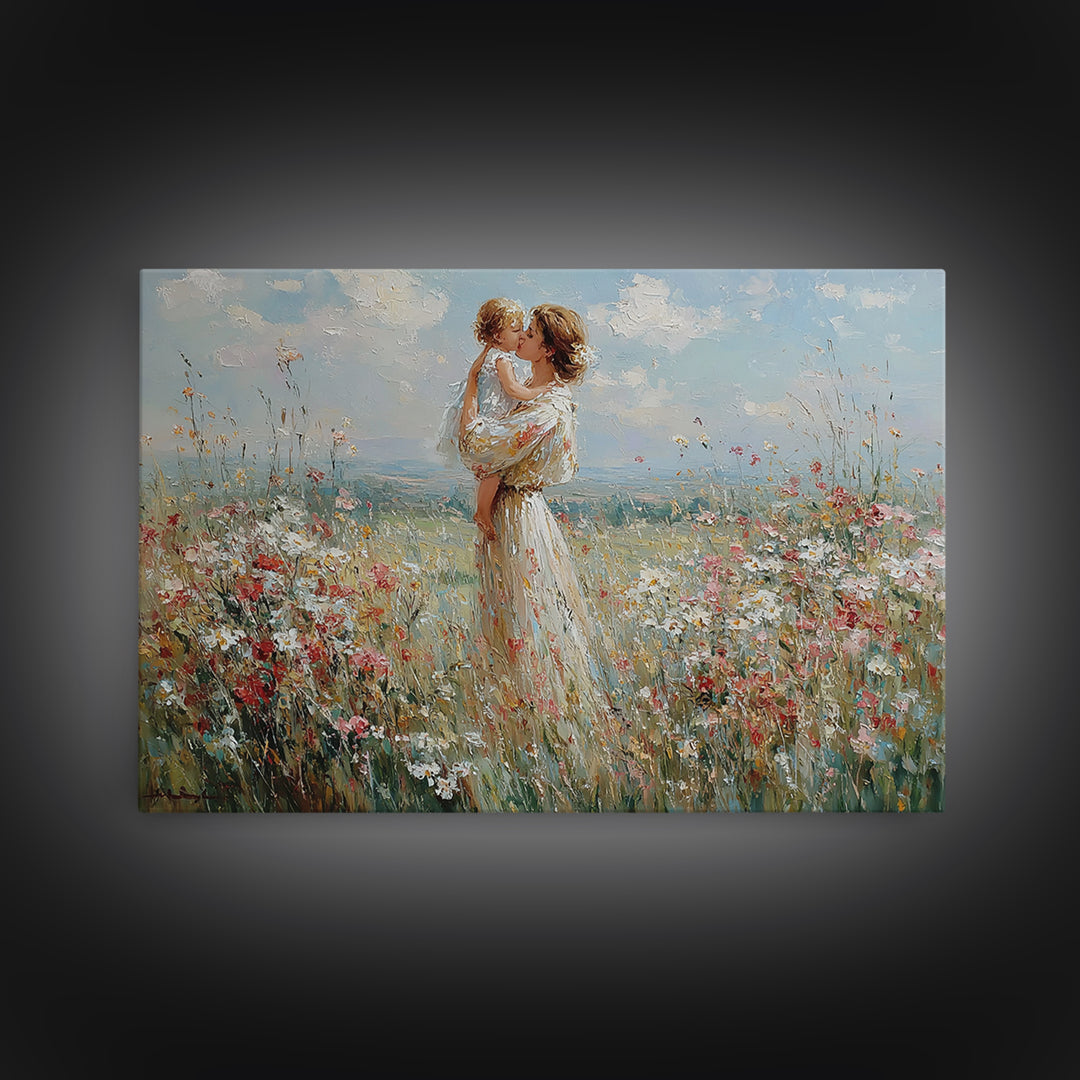 Mother Lifting Baby Among Summer Wildflowers Canvas Print, Floral Wall Art, Nursery Decor, Mothers Day Gift, Home Decor Art Print