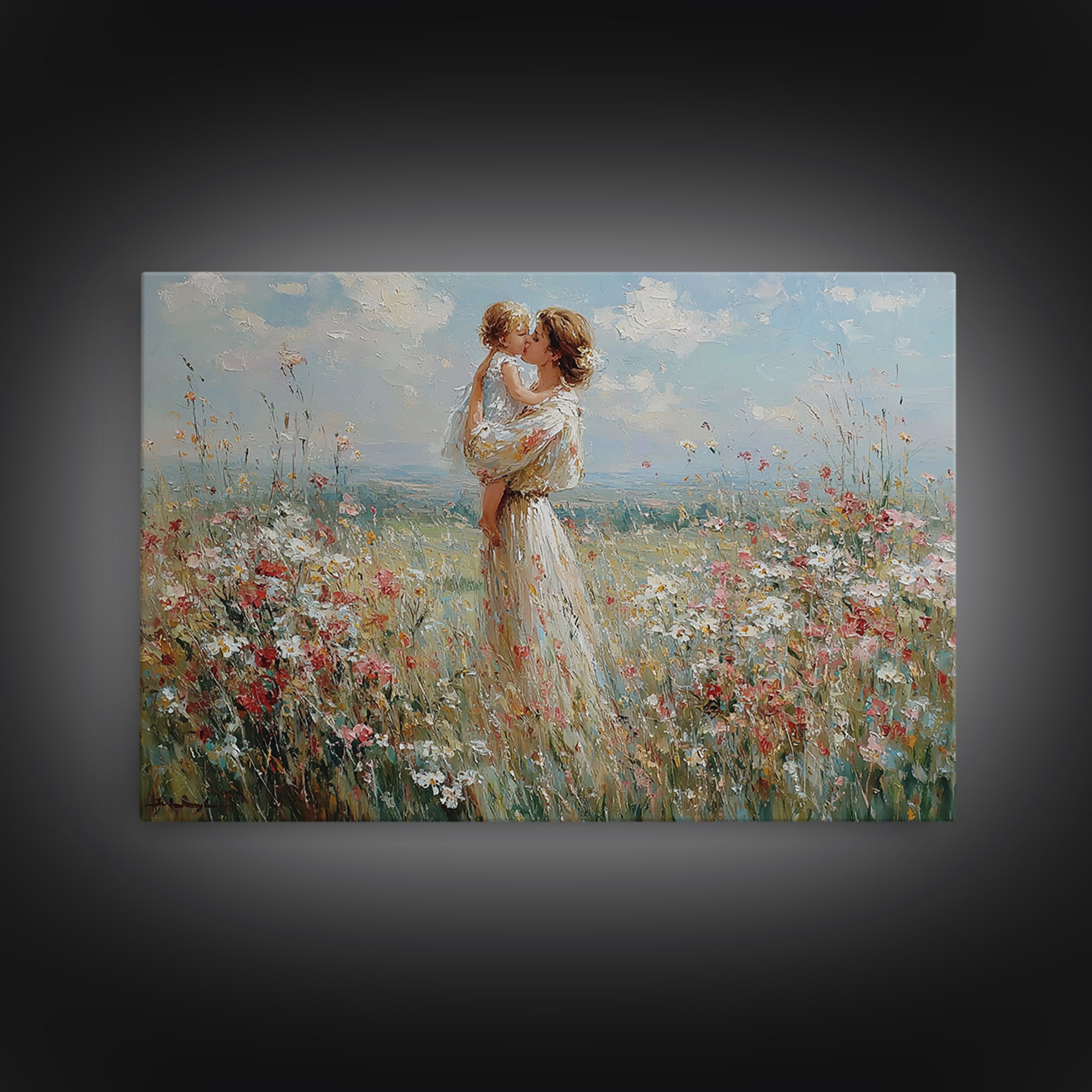 Mother Lifting Baby Among Summer Wildflowers Canvas Print, Floral Wall Art, Nursery Decor, Mothers Day Gift, Home Decor Art Print