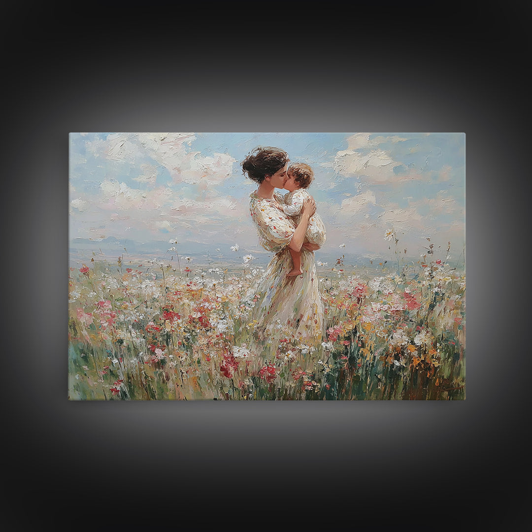 Mother Holding Toddler In Pastel Wildflower Field Framed Canvas Print, Floral Wall Art, Nursery Decor, Mothers Day Gift, Gift For Her