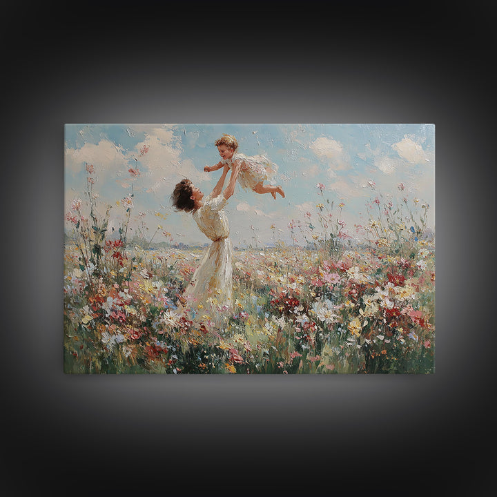 Mother Lifting Child In Wildflower Meadow Wall Art, Impressionist Floral Landscape, Nursery Decor, Gift For Mom, Canvas Print