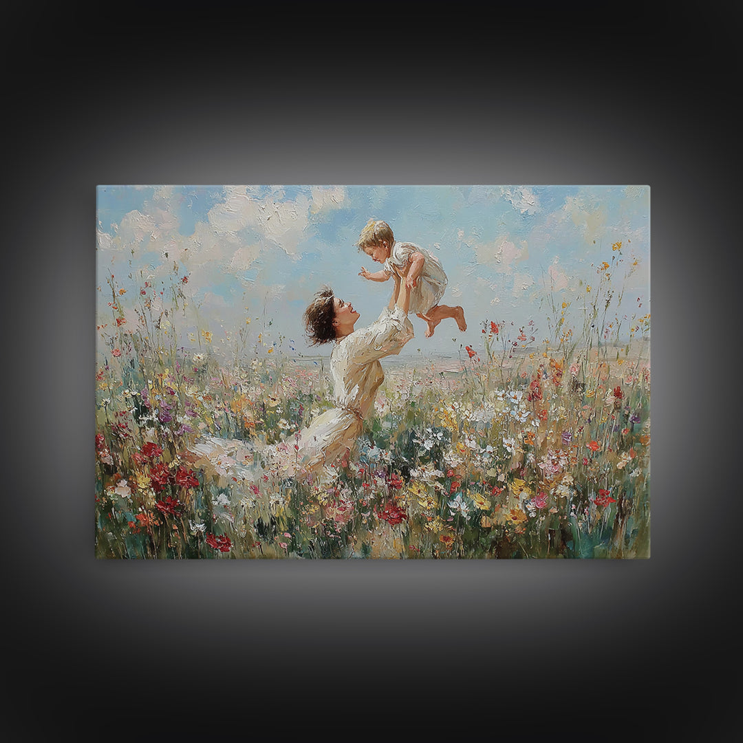 Mother Raising Baby Above White Wildflowers Framed Canvas Print, Impressionist Meadow Wall Art, Nursery Decor, Gift For Mom