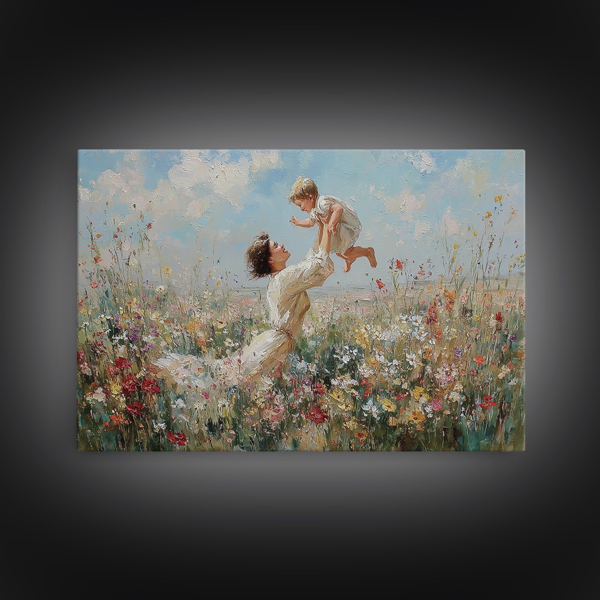 Mother Raising Baby Above White Wildflowers Framed Canvas Print, Impressionist Meadow Wall Art, Nursery Decor, Gift For Mom