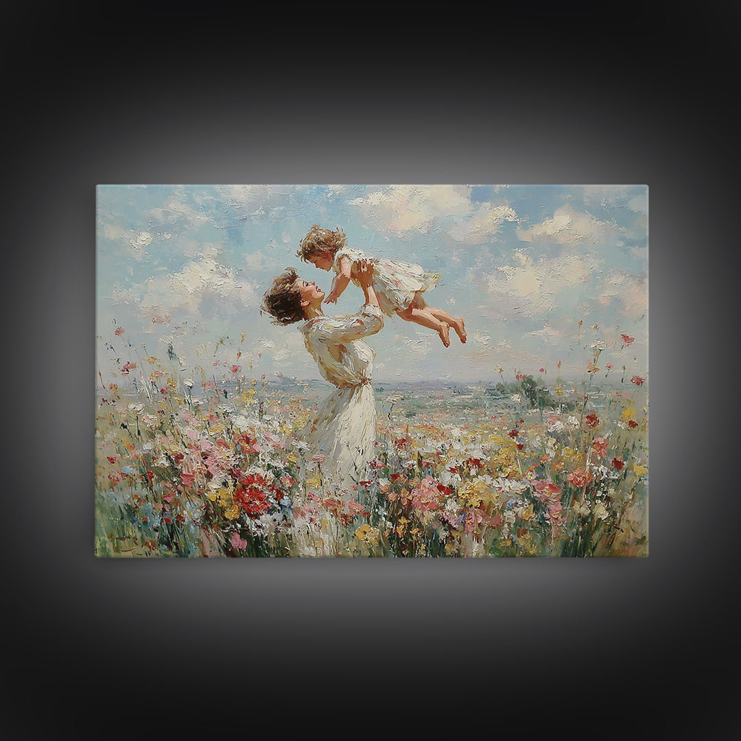 Mother Holding Child Over Blooming Meadow Wall Art, Impressionist Floral Landscape Canvas Print, Nursery Decor, Gift For Mom
