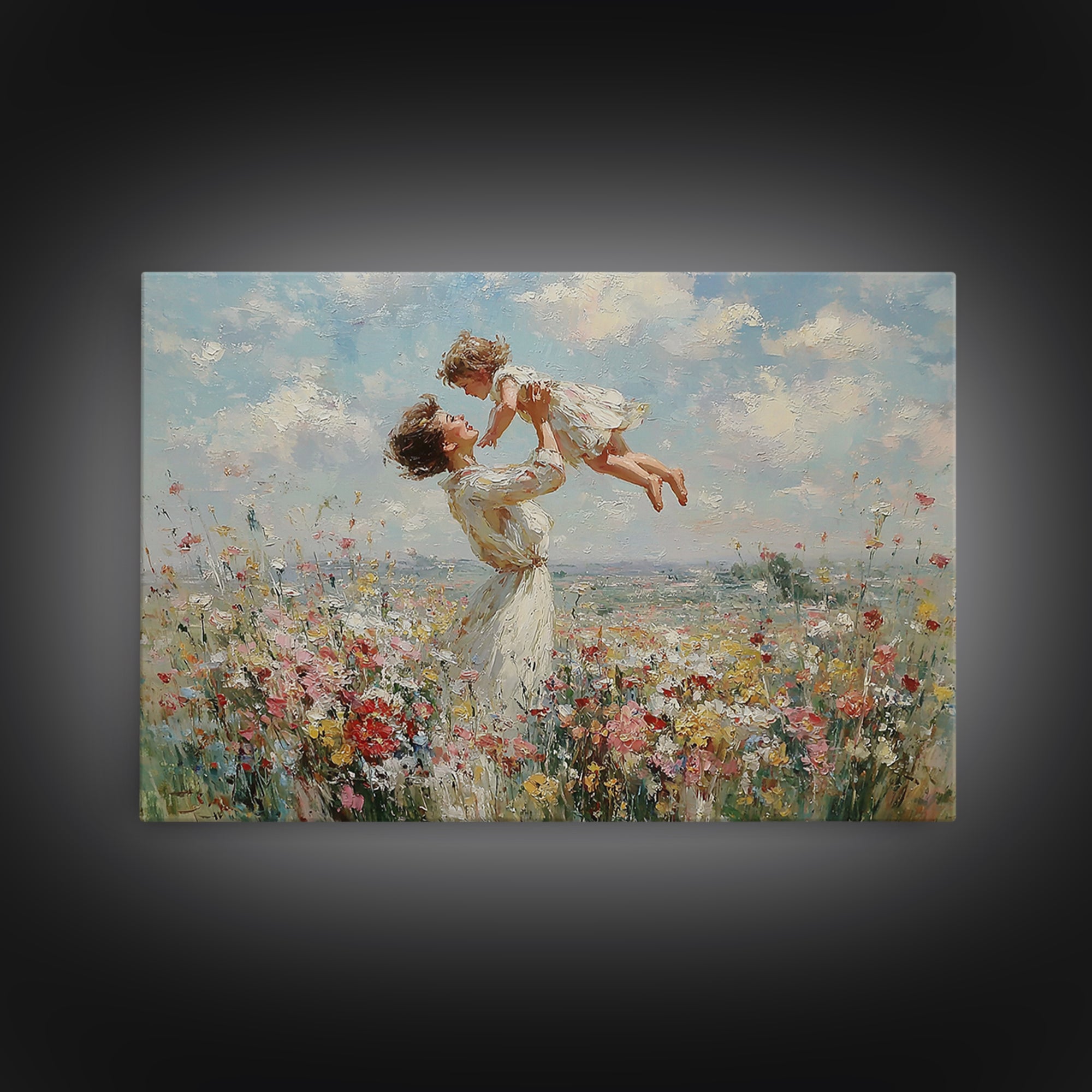 Mother Holding Child Over Blooming Meadow Wall Art, Impressionist Floral Landscape Canvas Print, Nursery Decor, Gift For Mom