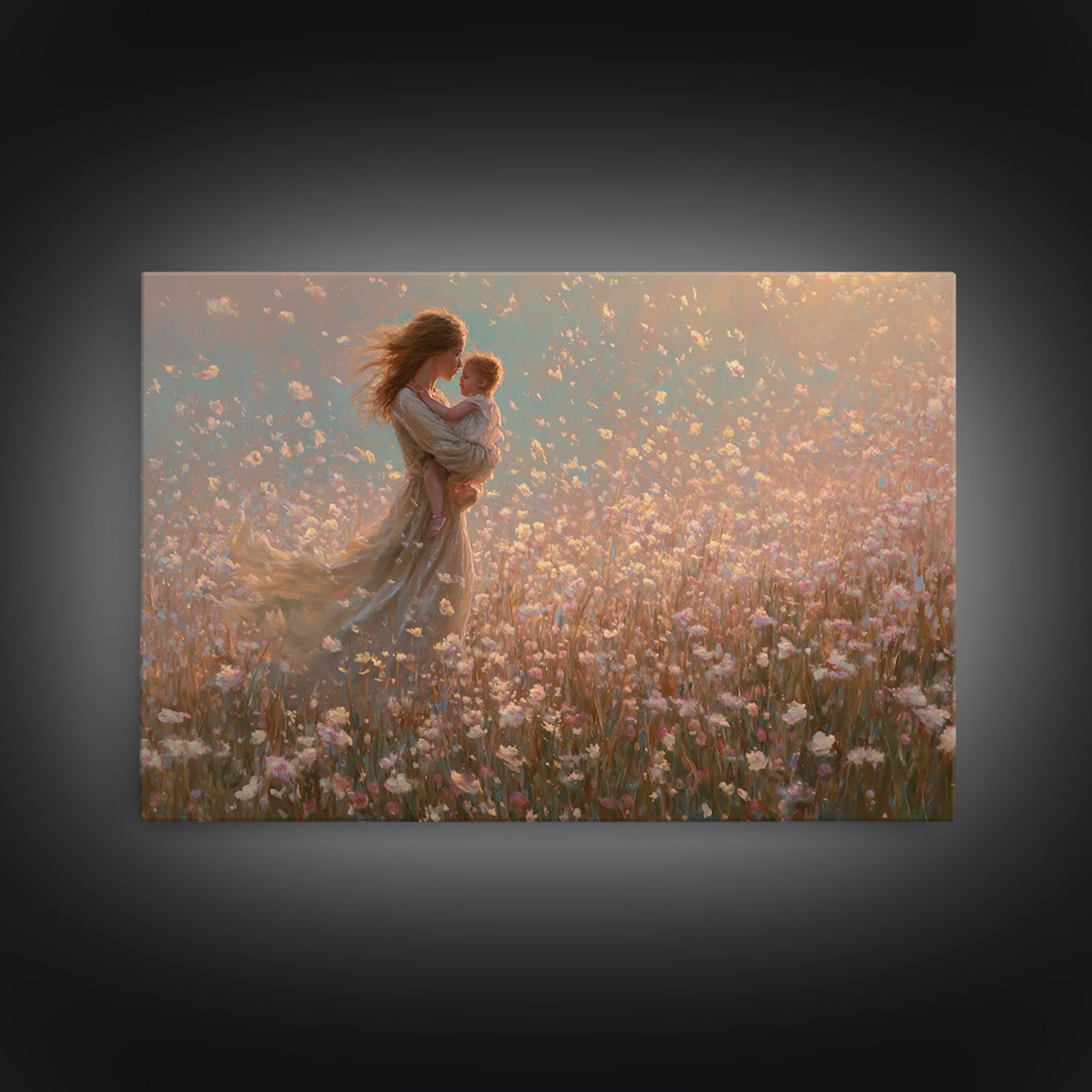 Mother Holding Baby In Pink Wildflower Field Wall Art, Romantic Impressionist Canvas Print, Nursery Decor, Gift For Mom, Feminine Art