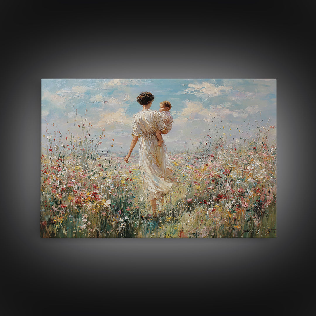 Mother Walking With Baby Through Wildflower Meadow Framed Canvas Print, Impressionist Landscape Wall Art, Nursery Decor, Gift For Mom