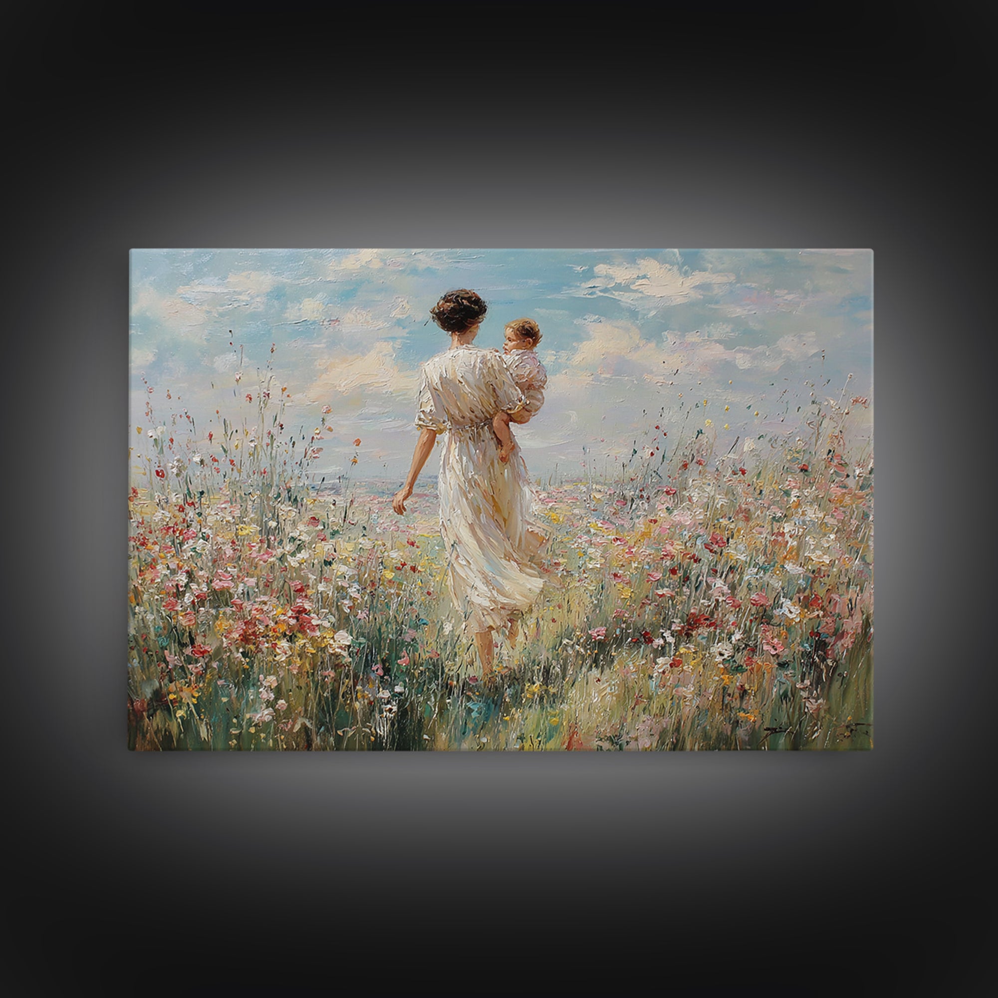 Mother Walking With Baby Through Wildflower Meadow Framed Canvas Print, Impressionist Landscape Wall Art, Nursery Decor, Gift For Mom