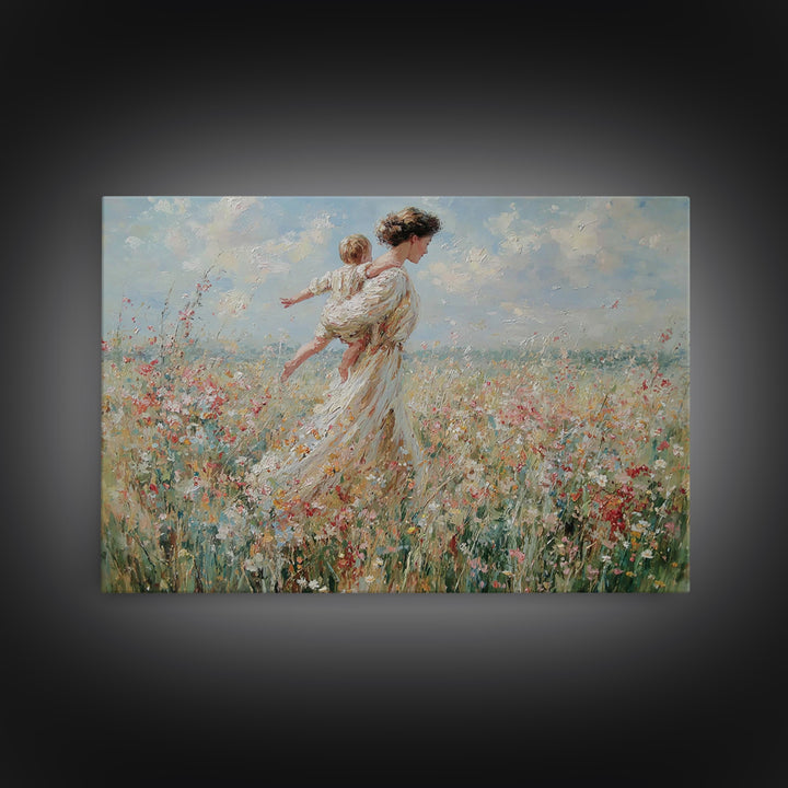 Mother Carrying Child Across Breezy Wildflower Field Wall Art, Impressionist Floral Landscape Canvas Print, Gift For Mom