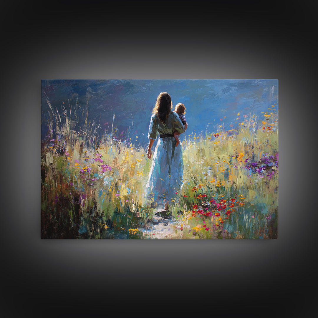 Mother And Child On Wildflower Path Wall Art, Impressionist Oil Painting Print, Feminine Nursery Decor, Gift For Mom, Living Room Decor