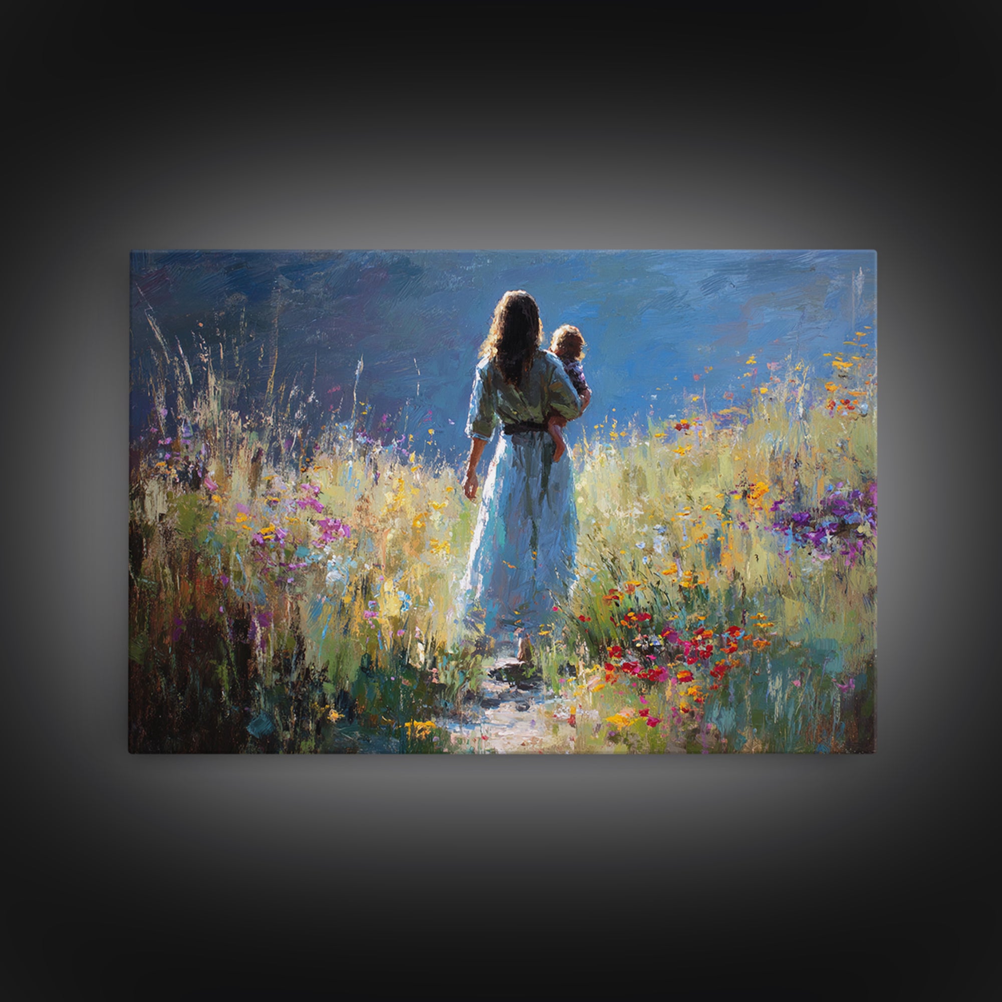 Mother And Child On Wildflower Path Wall Art, Impressionist Oil Painting Print, Feminine Nursery Decor, Gift For Mom, Living Room Decor