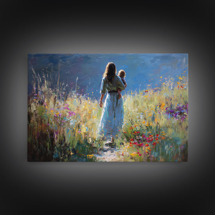 Mother And Child On Wildflower Path Wall Art, Impressionist Oil Painting Print, Feminine Nursery Decor, Gift For Mom, Living Room Decor