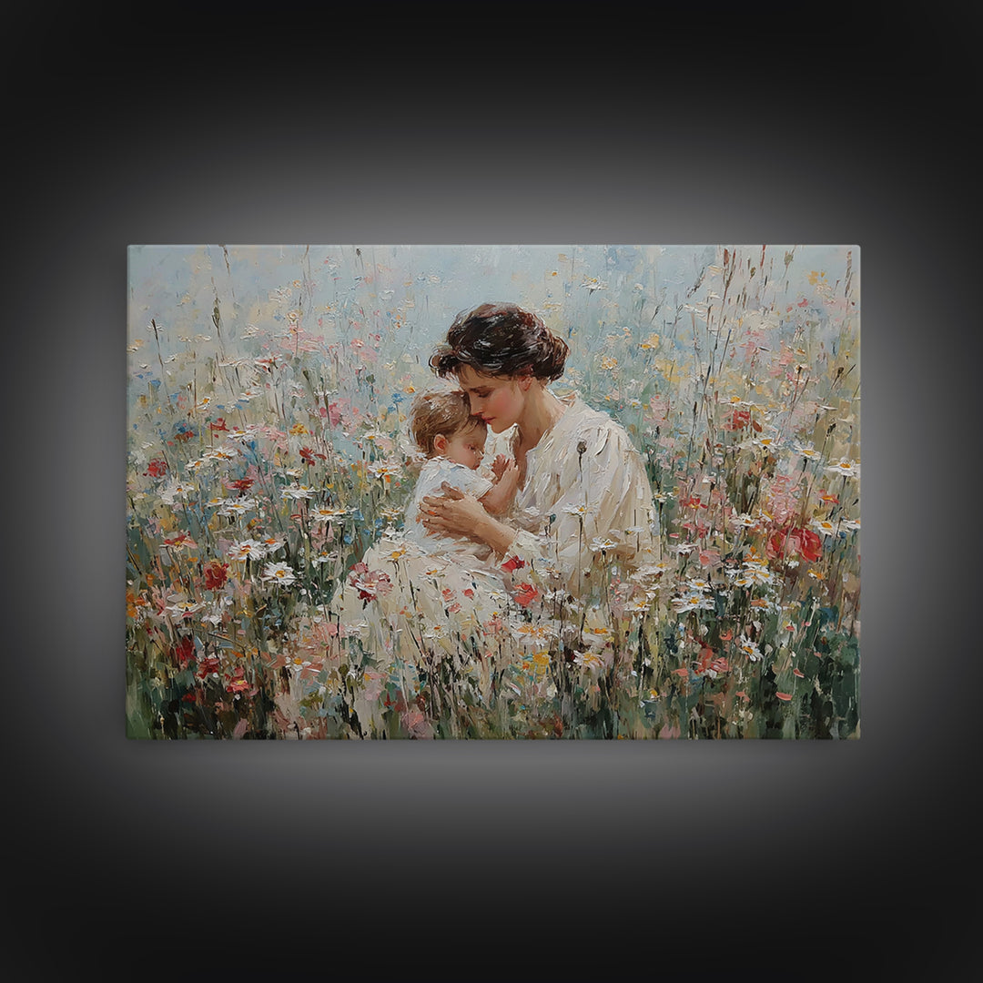Seated Mother Cuddling Baby In Flower Field Wall Art, Impressionist Oil Painting Print, Feminine Nursery Decor, Gift For Mom