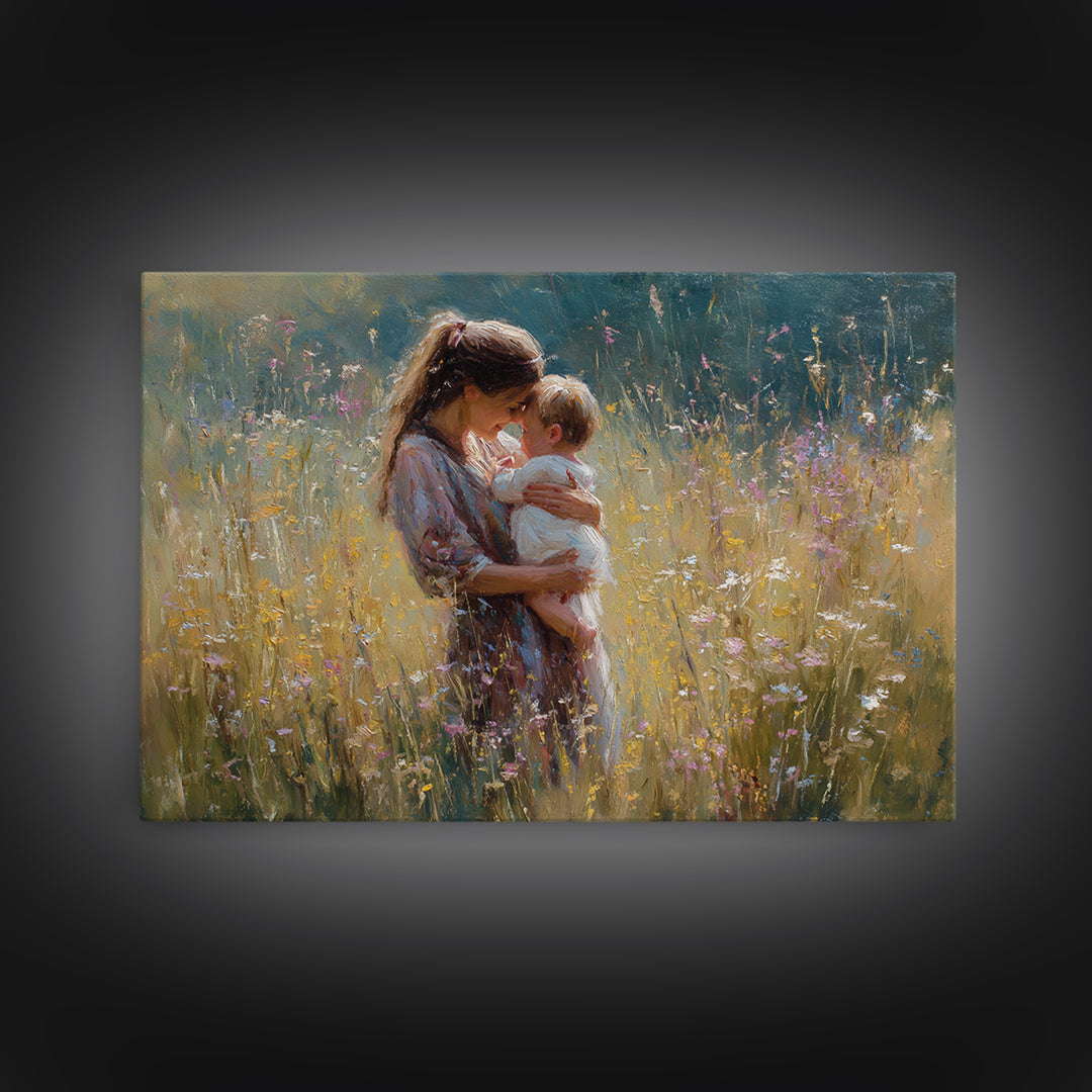 Sunlit Mother Holding Baby In Golden Meadow Framed Canvas Print, Impressionist Floral Painting, Nursery Wall Art, Gift For Her