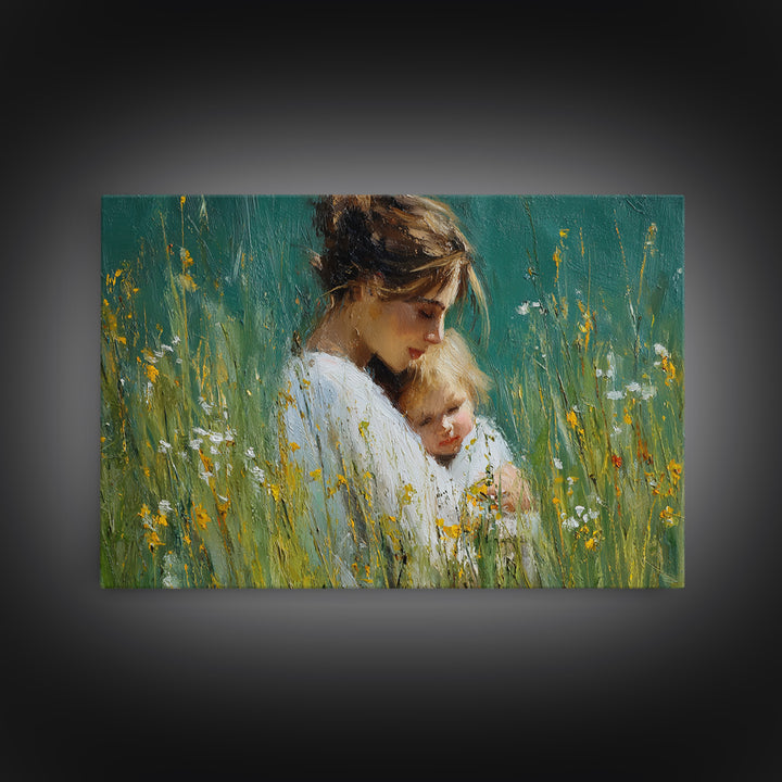 Tender Mother And Child Portrait In Green Meadow Wall Art, Impressionist Oil Painting, Feminine Nursery Decor, Gift For Mom