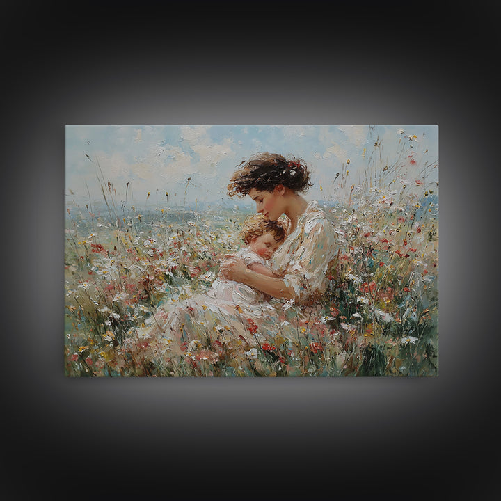 Mother Cradling Sleeping Child In Wildflowers Wall Art, Impressionist Floral Oil Painting, Nursery Decor, Gift For Her, Bedroom Decor