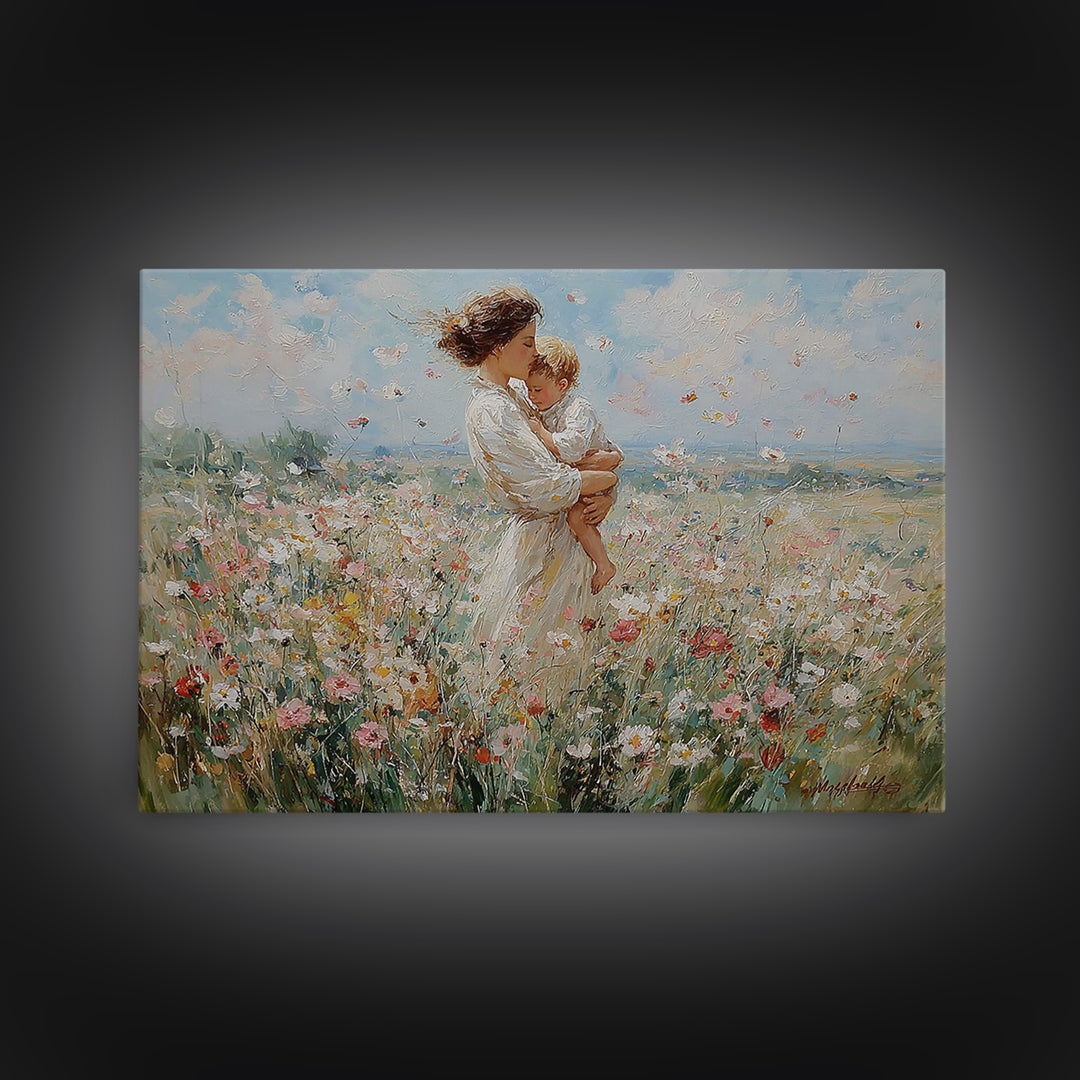 Standing Mother With Toddler In Flower Meadow Framed Canvas Print, Impressionist Landscape Painting, Nursery Wall Art, Gift For Mom