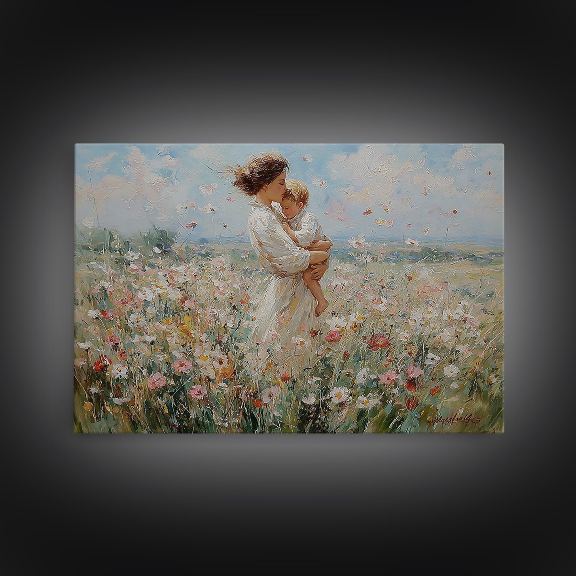 Standing Mother With Toddler In Flower Meadow Framed Canvas Print, Impressionist Landscape Painting, Nursery Wall Art, Gift For Mom