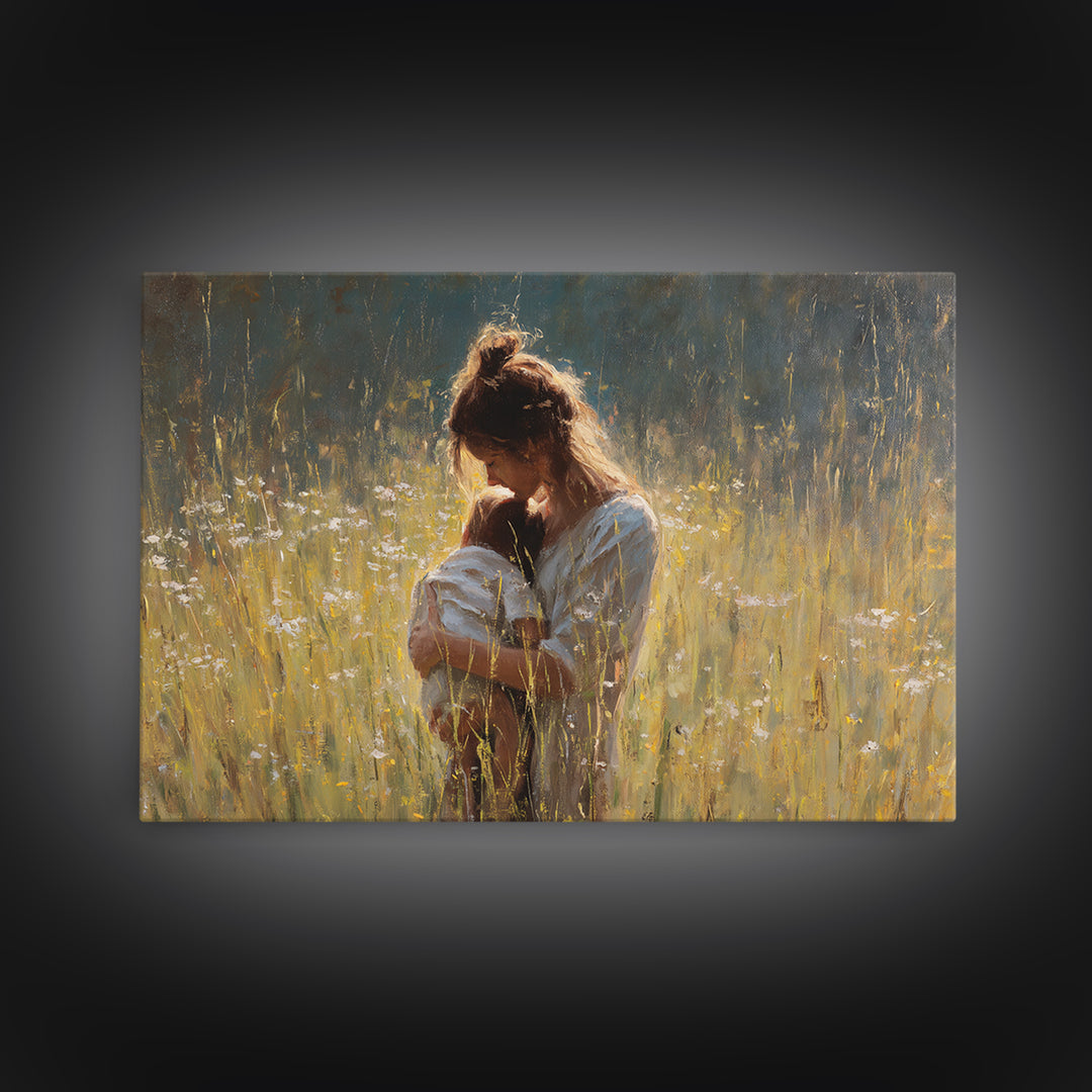 Backlit Mother Nursing Baby In Golden Grass Wall Art, Moody Impressionist Oil Painting Print, Feminine Bedroom Decor, Gift For Mom