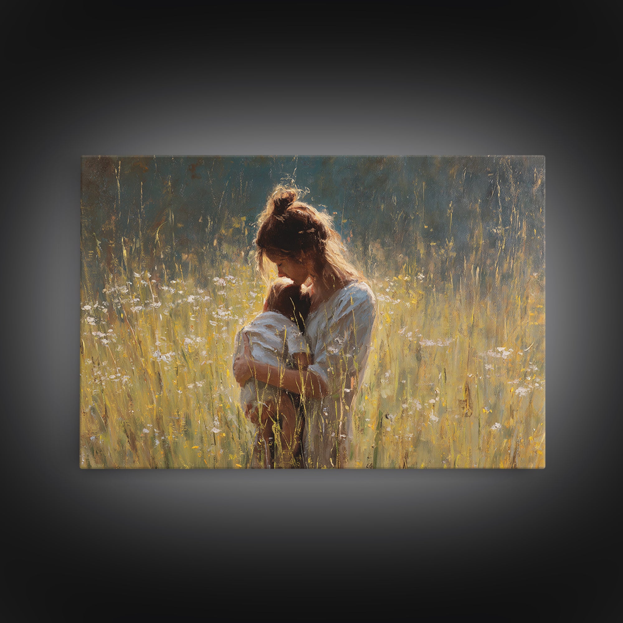 Backlit Mother Nursing Baby In Golden Grass Wall Art, Moody Impressionist Oil Painting Print, Feminine Bedroom Decor, Gift For Mom