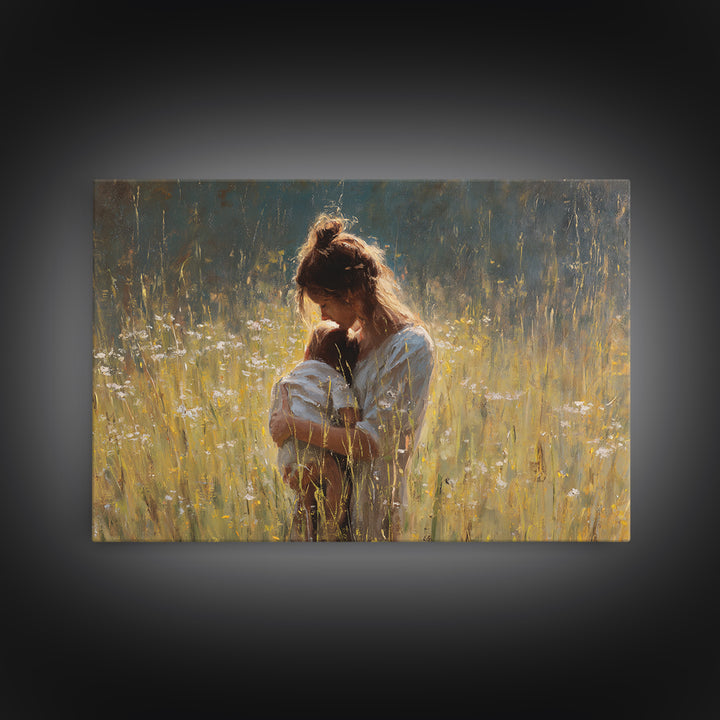 Backlit Mother Nursing Baby In Golden Grass Wall Art, Moody Impressionist Oil Painting Print, Feminine Bedroom Decor, Gift For Mom