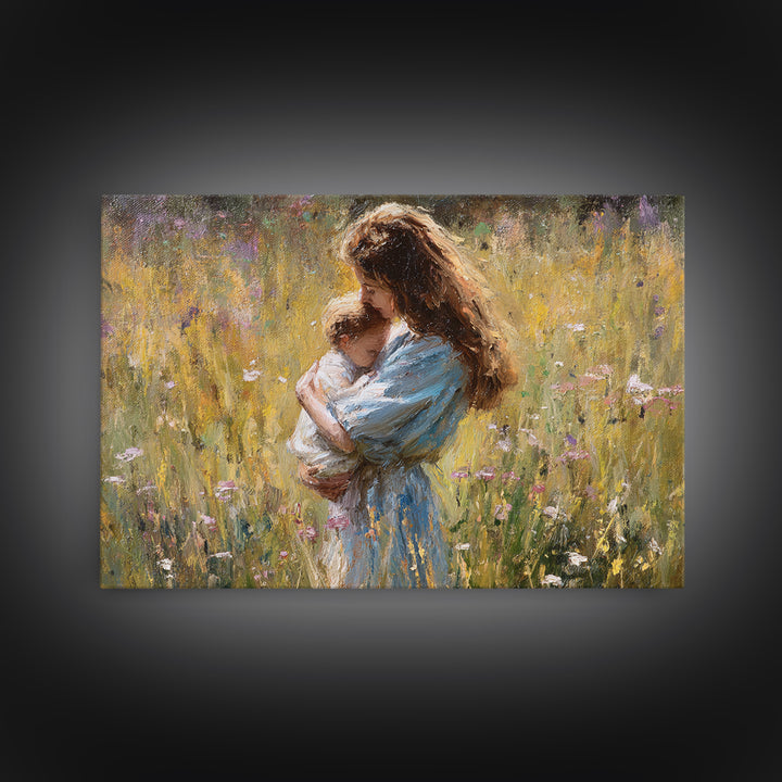 Long Haired Mother Cradling Baby In Wildflower Field Canvas Print, Impressionist Oil Painting, Feminine Wall Decor, Gift For Her