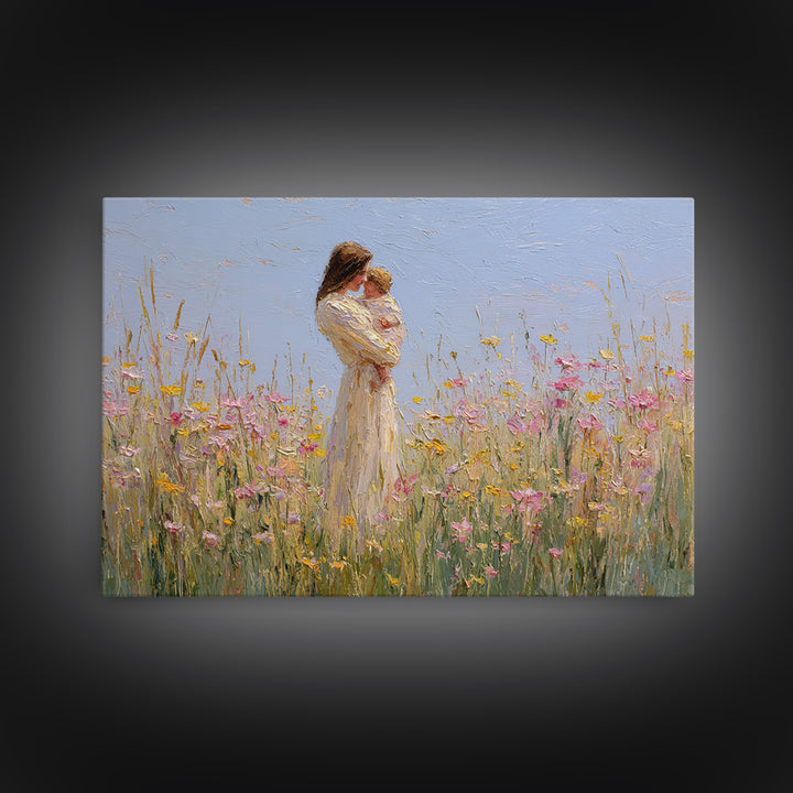 Mother Holding Baby By Wildflowers Framed Canvas Print, Soft Impressionist Painting, Nursery Wall Art, Floral Home Decor