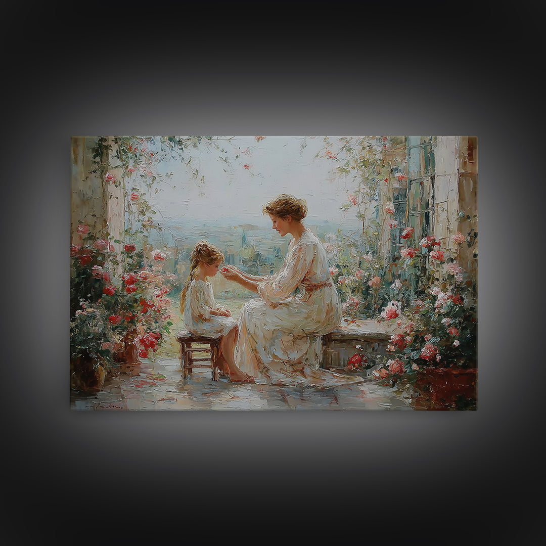Mother And Daughter Garden Terrace Wall Art, Floral Impressionist Canvas, Nursery Decor, Gift For Mom, Bedroom Wall Decor