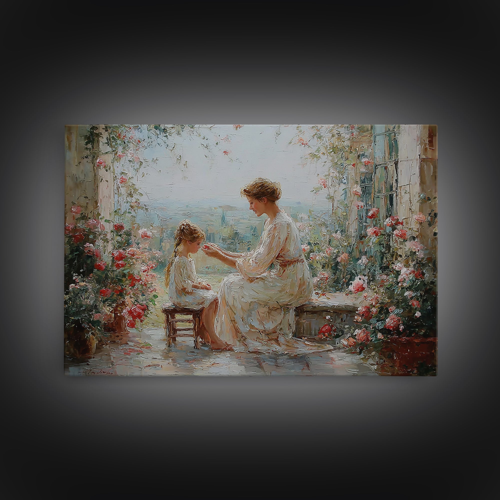 Mother And Daughter Garden Terrace Wall Art, Floral Impressionist Canvas, Nursery Decor, Gift For Mom, Bedroom Wall Decor