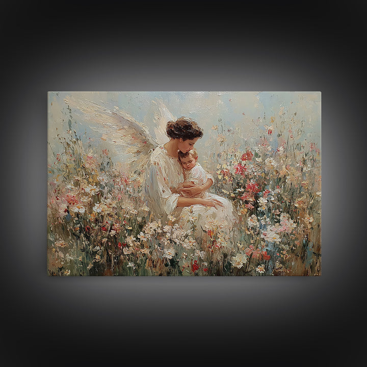 Guardian Angel Holding Baby Framed Canvas Print, Floral Meadow Wall Art, Christian Nursery Decor, Baptism Gift For Mom, Newborn Gift