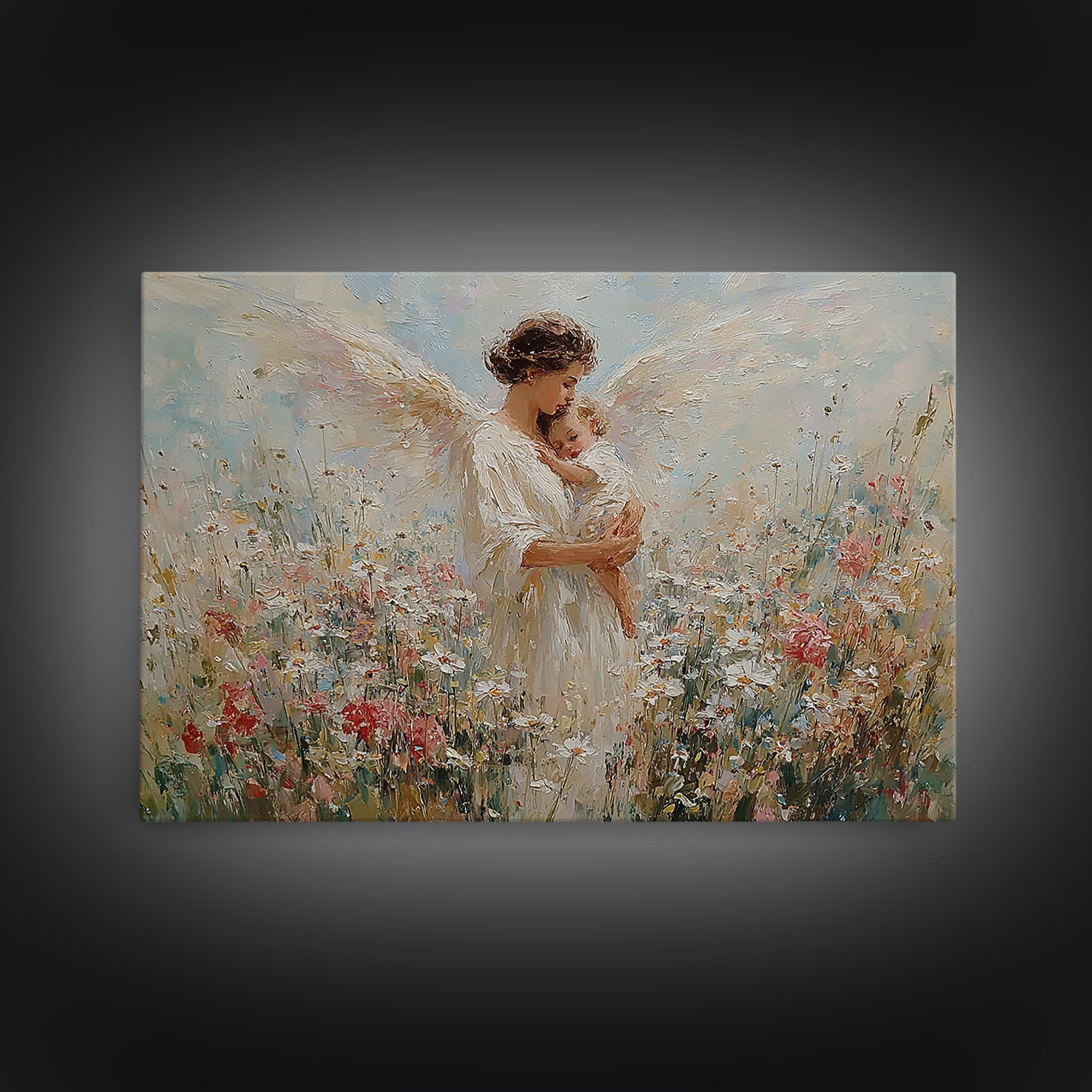 Angel Mother And Baby Wildflower Canvas Print, Christian Wall Art, Floral Nursery Decor, Baptism Gift, Peaceful Home Decor
