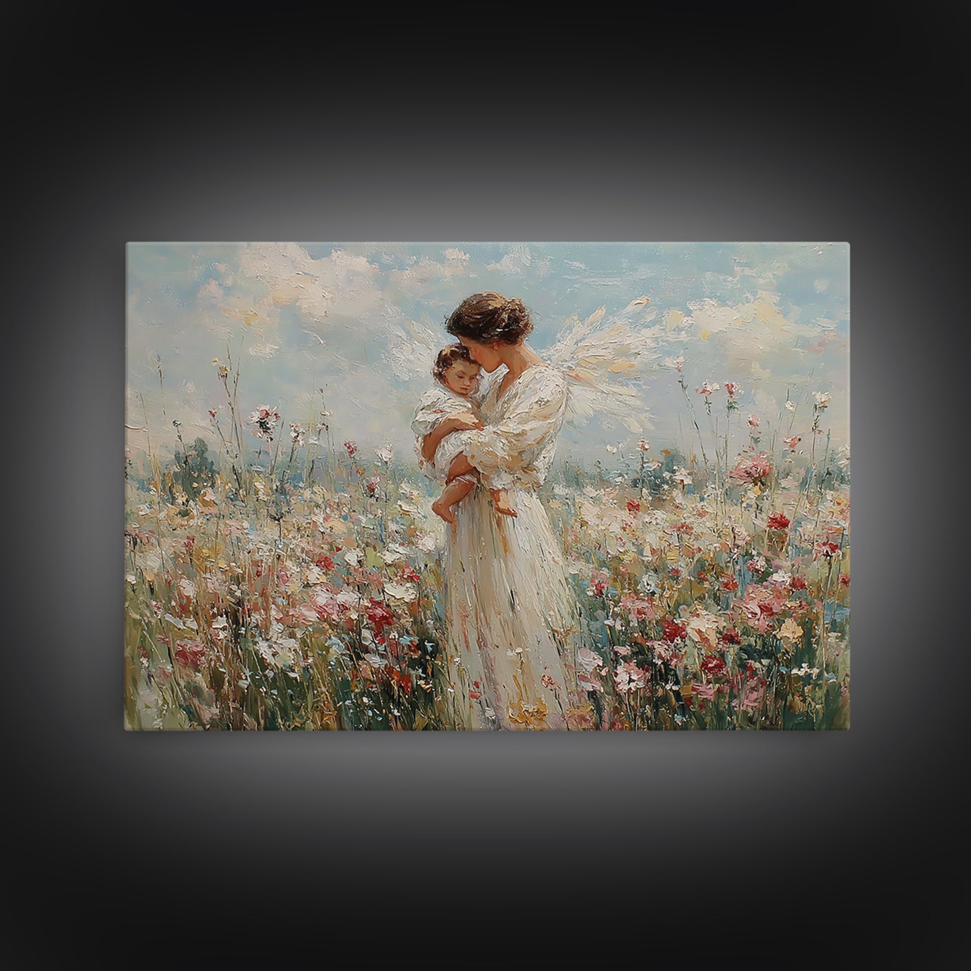 White Angel Holding Child Wall Art, Floral Meadow Canvas, Christian Nursery Decor, Baptism Gift, Guardian Angel Print For Baby Room