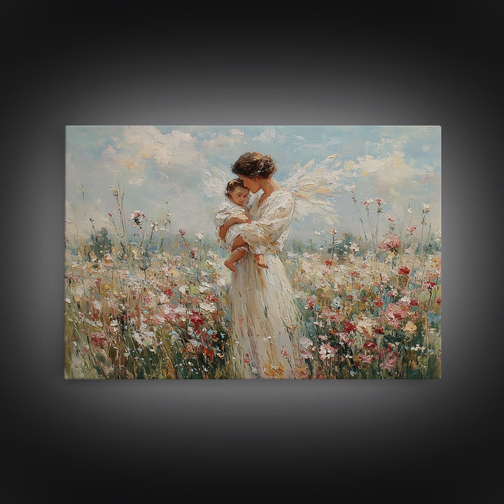 White Angel Holding Child Wall Art, Floral Meadow Canvas, Christian Nursery Decor, Baptism Gift, Guardian Angel Print For Baby Room
