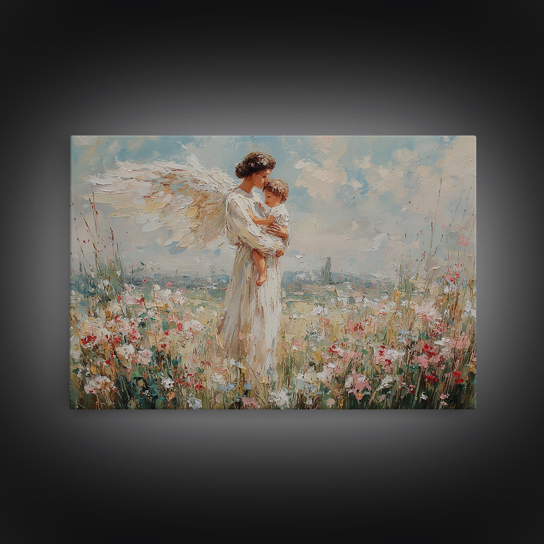 Angel And Child Floral Meadow Framed Canvas Print, Christian Wall Art, Guardian Angel Nursery Decor, Baptism Gift For Mom
