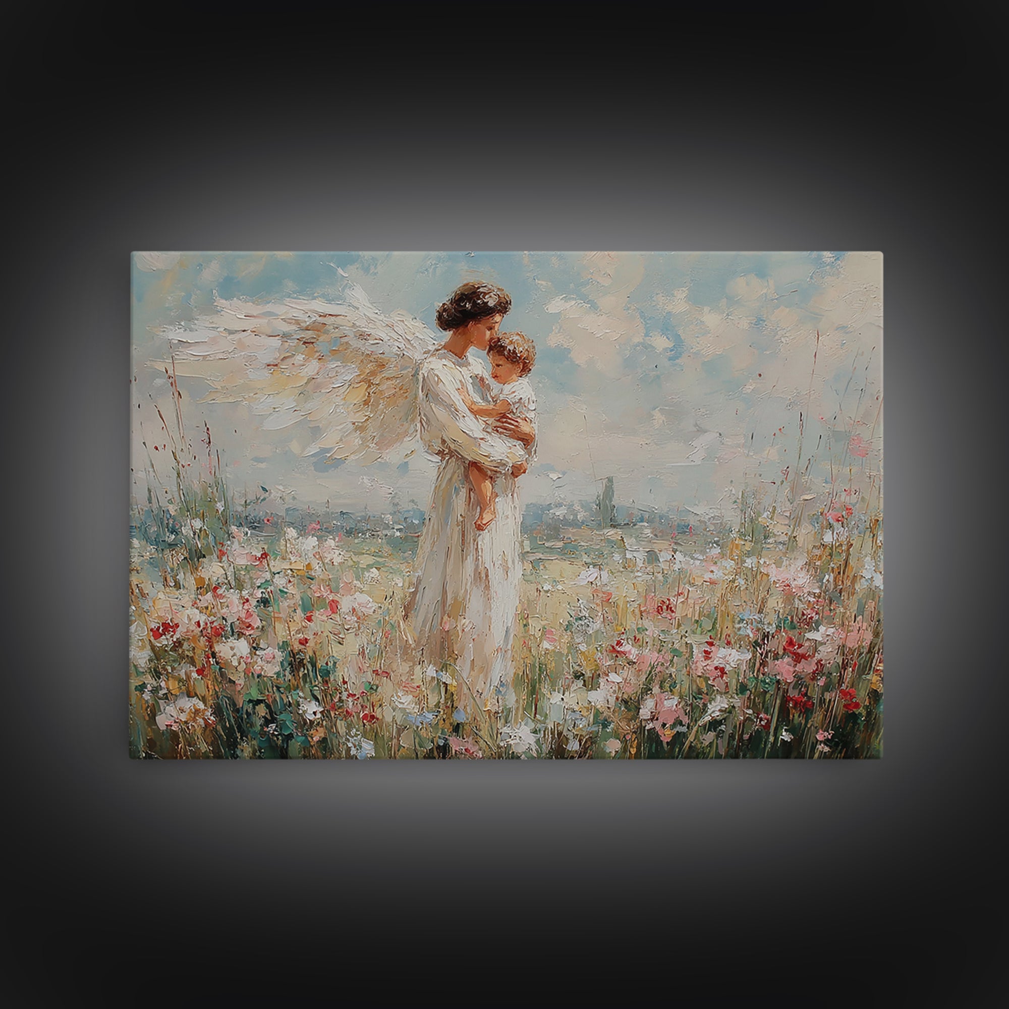 Angel And Child Floral Meadow Framed Canvas Print, Christian Wall Art, Guardian Angel Nursery Decor, Baptism Gift For Mom