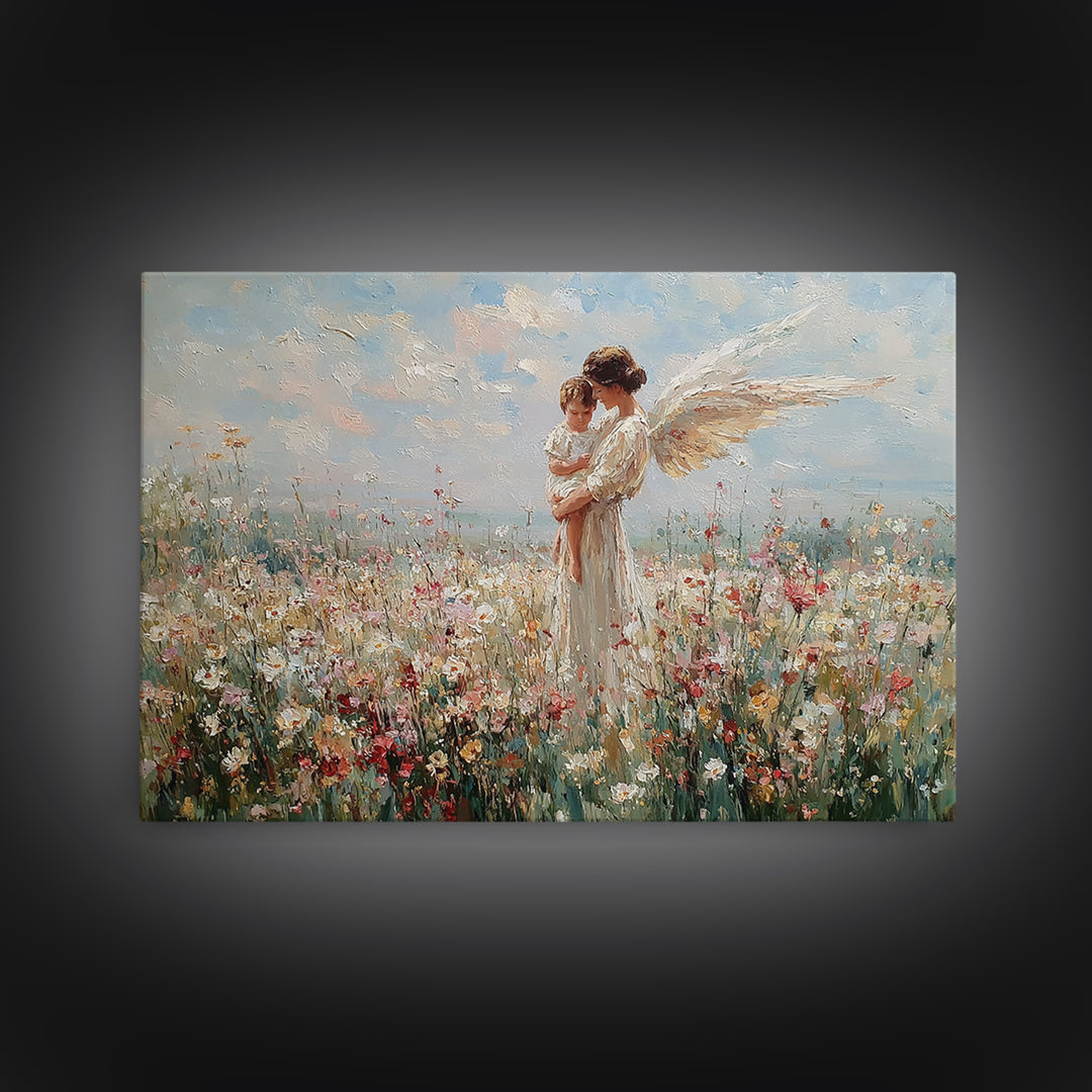 Guardian Angel And Baby Wildflower Wall Art, Christian Canvas Print, Floral Nursery Decor, Baptism Gift, Baby Shower Gift
